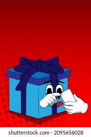 Caja de regalo con un teléfono móvil como personaje de dibujos animados. Festividad, sorpresa de la celebración con alegre emoción facial.