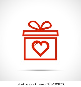 Gift box valentine with heart. Present with red ribbon bow. Valentine's day icon