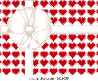 Gift Box, Valentine hearts seamless background, big white bow, ribbon, copy space. EPS8 includes heart pattern swatch that will seamlessly fill any shape.