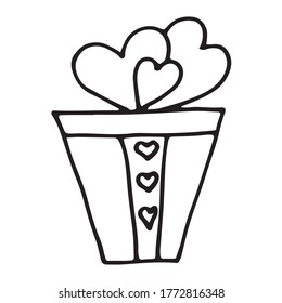 Caja de regalo para el Día de San Valentín.  La caja está decorada con corazones.  Dibujado en línea negra sobre un fondo blanco.  Vector.