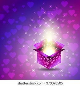 Gift box. Valentines Day. Heart - Stars - Magical glow. Blue and purple tones