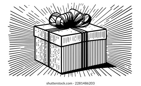 Ilustración de línea negra vectorial de caja de regalo aislado blanco. Dibujo artístico
