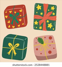 Gift box vector cartoon set icon. Illustration of isolated cartoon box. Set of Christmas gifts, valentines gifts, New Year presents, gift boxes with ribbons, gift box vector illustration in flat style