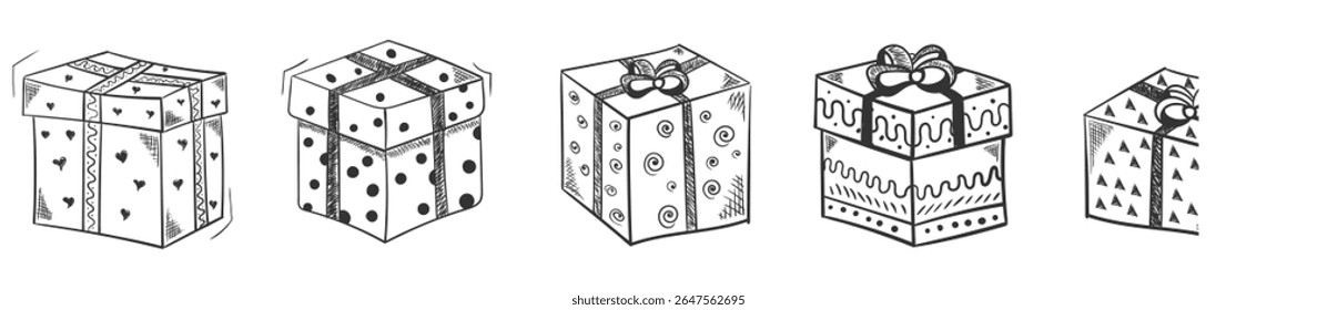 Gift box vector. Christmas present doodle with ribbon and bow. Funny cartoon hand drawn illustration for holiday celebration. Cute packaging design with festive wrapping and party symbol.

