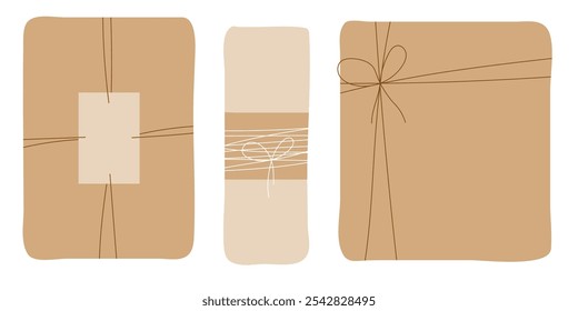 Diseño de Vector de caja de regalo con arco blanco y marrón y envoltura artesanal sobre fondo blanco aislado.