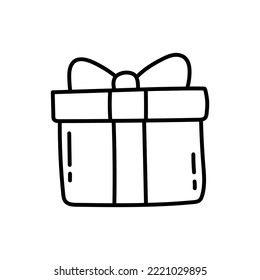 Gift box vector doodle illustration, black and white simple gift with bow