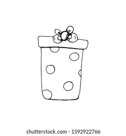 Gift in a box. Vector. Doodle Isolated on a white background. Can be used for decoration of congratulations, cards, invitations. Suitable for t-shirts, mugs, gifts.