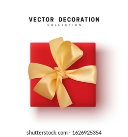 Gift Box Vector. Festive Realistic Objects. Red Gift Boxes tied ribbon bow from string fabric silk beige. Holiday Presents square shape. flat top view. Flatly design