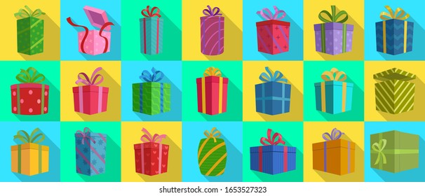 Gift box vector flat set icon. Illustration of isolated flat icon gift box with ribbon. Vector illustration set christmas present.