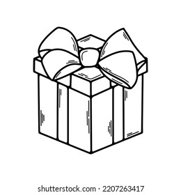 Gift box vector icon. Gift decorated with a bow. Surprise for the holiday. Illustration in doodle style.