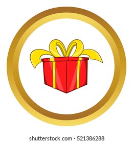 Gift in a box vector icon in golden circle, cartoon style isolated on white background