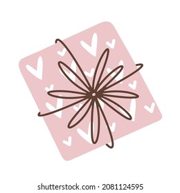 Gift box vector icon. Hand-drawn cute illustration. Case surprise in wrapping paper with hearts, ribbon. Festive element for valentine's day. Concept for decoration, design of cards, printing, web