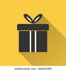Gift Box vector icon with long shadow. Illustration isolated on yellow background for graphic and web design.