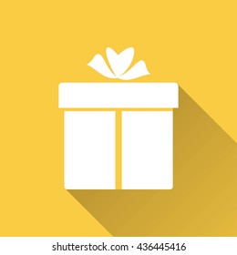 Gift Box vector icon with long shadow. White illustration isolated on yellow background for graphic and web design.