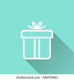 Gift Box vector icon with long shadow. White illustration isolated on green background for graphic and web design.