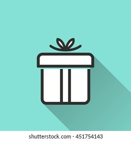 Gift Box vector icon with long shadow. White illustration isolated on green background for graphic and web design.