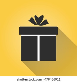 Gift Box vector icon with long shadow. Illustration isolated on yellow background for graphic and web design.
