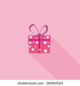 Gift box. Vector icon on the pink background.