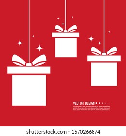 Gift box vector icon with ribbon and sparkles. Isolate on red background