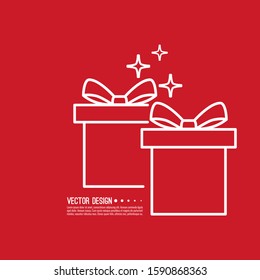 Gift box vector icon with ribbon and sparkles. Isolate on red background