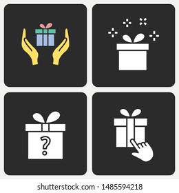 Gift box vector icon set. Solid illustration isolated on black background for graphic and web design.