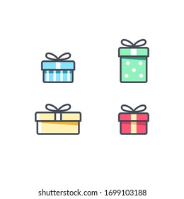 Gift Box Vector Icon Set. Present Sign Isolated On White. Colorful Wrapped. Sale, Shopping Concept. Collection For Birthday, Christmas. Cartoon Flat Design