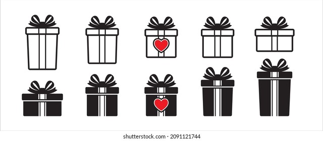 Gift box vector icon set. Valentine gift boxes in different size from short to high shape. Present box tied with bow tie ribbon and decorated with heart. Vector stock for sign and illustration.