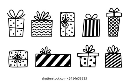 Gift box vector icon set. Containers with bow, ribbon. Black and white funny presents with hearts, stars, stripes. Hand drawn doodle, holiday sketch. Surprise for party, birthday. Isolated clipart