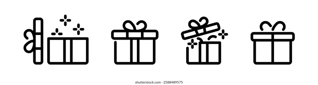 Gift box vector icons. Present gift box icons. Vector isolated gift box elements. Christmas gift icon vector symbol. Surprise present linear design.