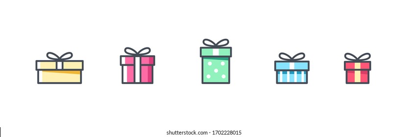 Gift Box Vector Icons Set. Presents Sign. Filled Line Outline Icon Isolated On White. Colorful Wrapped. Sale, Shopping Concept. Birthday, Christmas Collection. Cartoon Flat Design