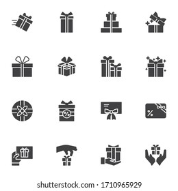 Gift box vector icons set, modern solid symbol collection, filled style pictogram pack. Signs, logo illustration. Set includes icons as birthday present, box with bow ribbon, surprise package 