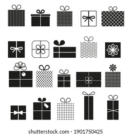 Gift box vector icons set, modern solid symbol collection. Signs, logo illustration. Set icons as birthday present, box with bow ribbon, surprise package. Vector set of different gift boxes.