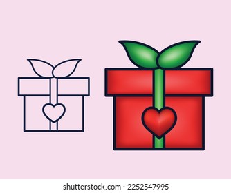 Iconos vectoriales de caja de regalo establecidos para las tarjetas de San Valentín. Presenta signos con forma cardíaca. Icono de contorno de línea rellenada y efecto 3d. Colorido envuelto. Venta, concepto de compras. Cumpleaños, colección de Navidad