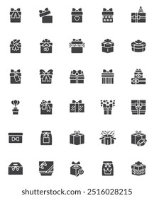 Geschenkbox, Vektorsymbol-Set, moderne Solid-Symbol-Kollektion, gefülltes Piktogramm-Paket. Schilder, Logo-Abbildung. Set enthält Icons als Geburtstagsgeschenkbox mit Schleifenband und Ornament, Überraschungstasche