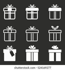 Gift Box vector icons set. White illustration isolated on black background for graphic and web design.