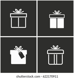 Gift Box vector icons set. White illustration on a black background for graphic and web design.