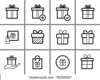 Gift Box vector icons set. Black illustration isolated for graphic and web design.