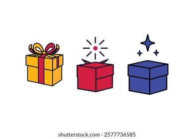 Gift Box Vector Icons: Sparkling, tied, and open present designs for celebrations such as Christmas, birthdays, weddings, parties, and special milestones.