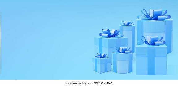 Gift box vector illustration. 3d present box vector. Realistic blue gift box with bow and ribbons. Holiday blue background. Christmas, New Year, Birthday present.