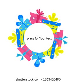 Ilustración vectorial de caja de regalo. Banner brillante con lugar para Su texto. Caja de regalo para la celebración de la foto. Perfecto para tarjeta, postal, invitación, 
felicitación.