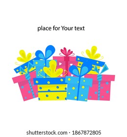 Gift box vector illustration. Bright banner with place for Your text. Pile celebration gift box. Perfect for card, postcard, invitation, 
congratulation.