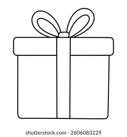 Gift box vector illustration. Hand-drawn present with ribbon in doodle style. Black line art isolated on white background.