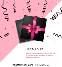 Gift box Vector illustration Top view Black gift box with bright pink ribbon and stylish serpentine are lying on a two-tone background Design template for banners in realistic style
