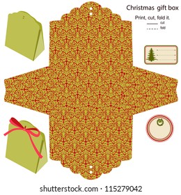 Gift box vector. Isolated. Christmas pattern. Empty label. Template.