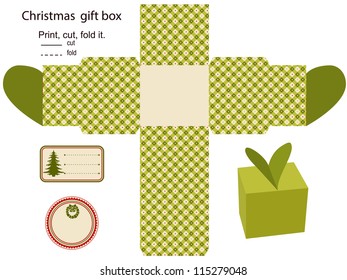 Gift box vector. Isolated. Christmas pattern. Empty label. Template.