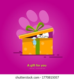 Gift box vector. The box is open. A cat in a box. A gift for the holiday. A secret and a surprise.