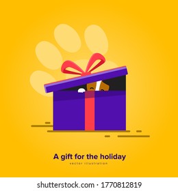 Gift box vector. The box is open. A puppy in a box. A gift for the holiday. A secret and a surprise.