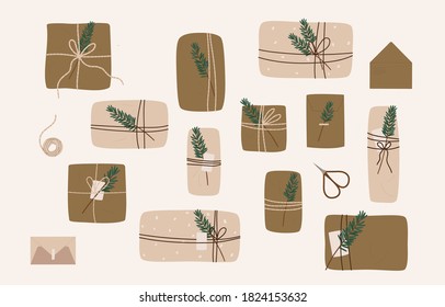 Gift box vector present packs Christmas. Craft paper, envelopes, boxes, ribbons, branches and other decor elements. Flat cartoon vector illustration. Isolated on white background. 