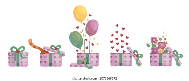 gift box vector sat with balloon, flowers, cat, hearts ornament suitable for birthday parties, valentine's day, surprise gift boxes