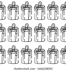 Gift box vector seamless pattern on white background. Black and white holiday background hand-drawn. Design for textile, wrapping, print.